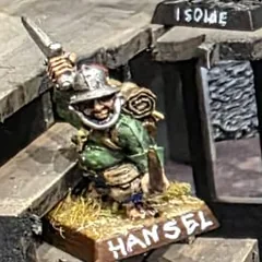 Hansel, a halfling scout with a cooking-pot helmet
